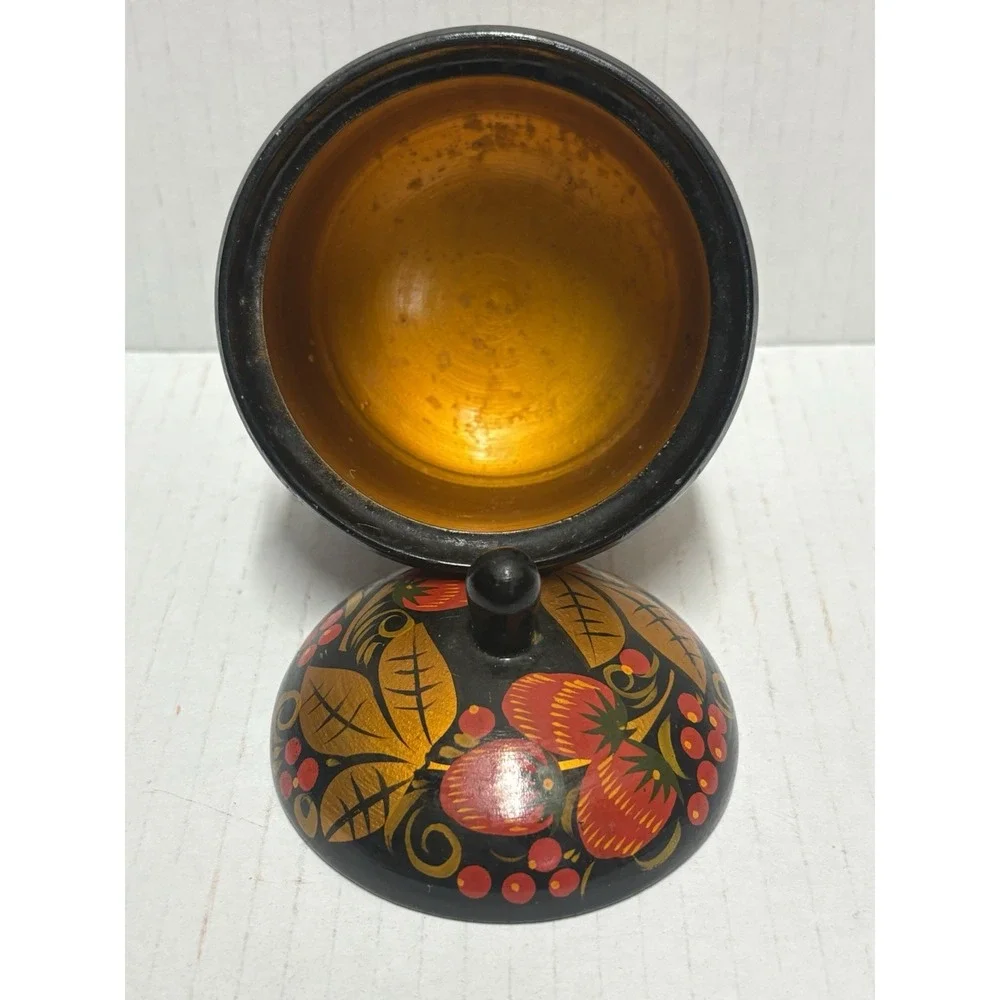 Russian Khokhloma Jar  4 in tall Lidded Wood Lacquer plus 4 spoons‎